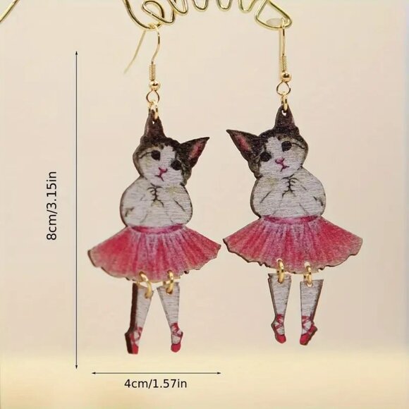 Handmade Cat Ballerina Dangling Earrings Wood Material 3.15" Long Whimsical Jewe - Picture 3 of 3